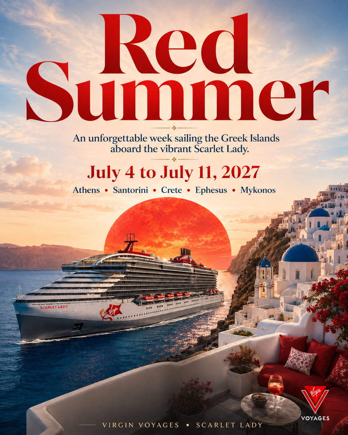 Red Summer poster featuring Scarlet Lady sailing beside Santorini
