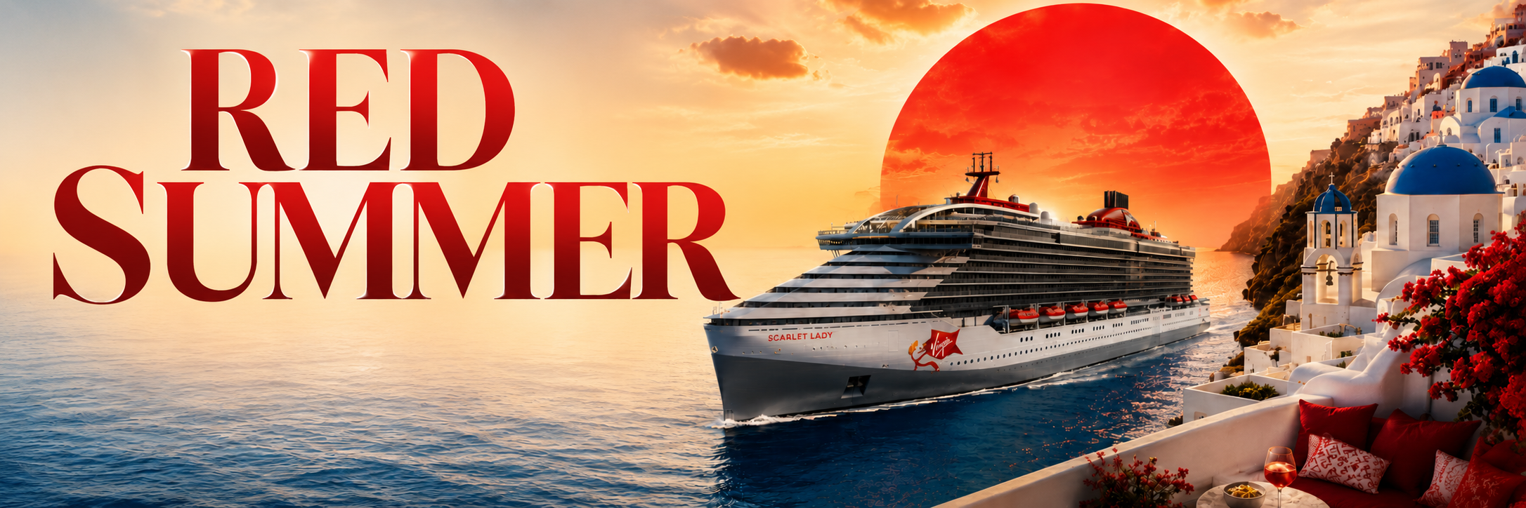 Scarlet Lady sailing through the Mediterranean beside white cliffside buildings