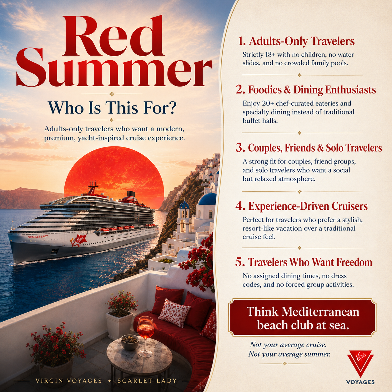 Red Summer campaign artwork describing the adults-only, dining-led, flexible cruise experience